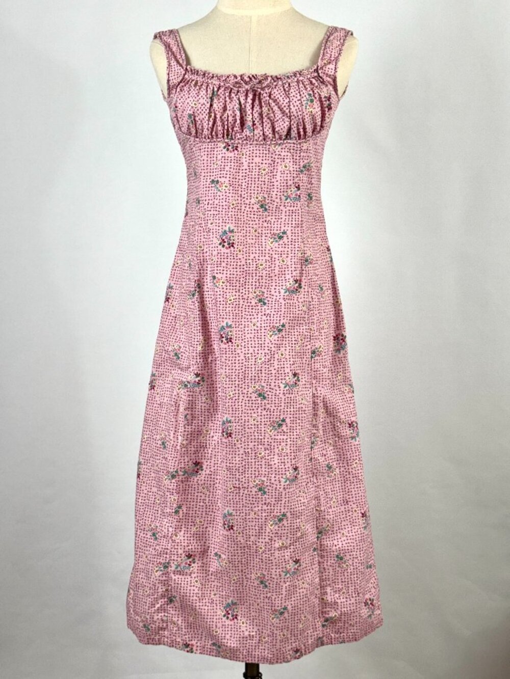 Vtg Y2K Pink Floral Babydoll Dress Sleeveless Ruching Ruffle Coquette Milkmaid